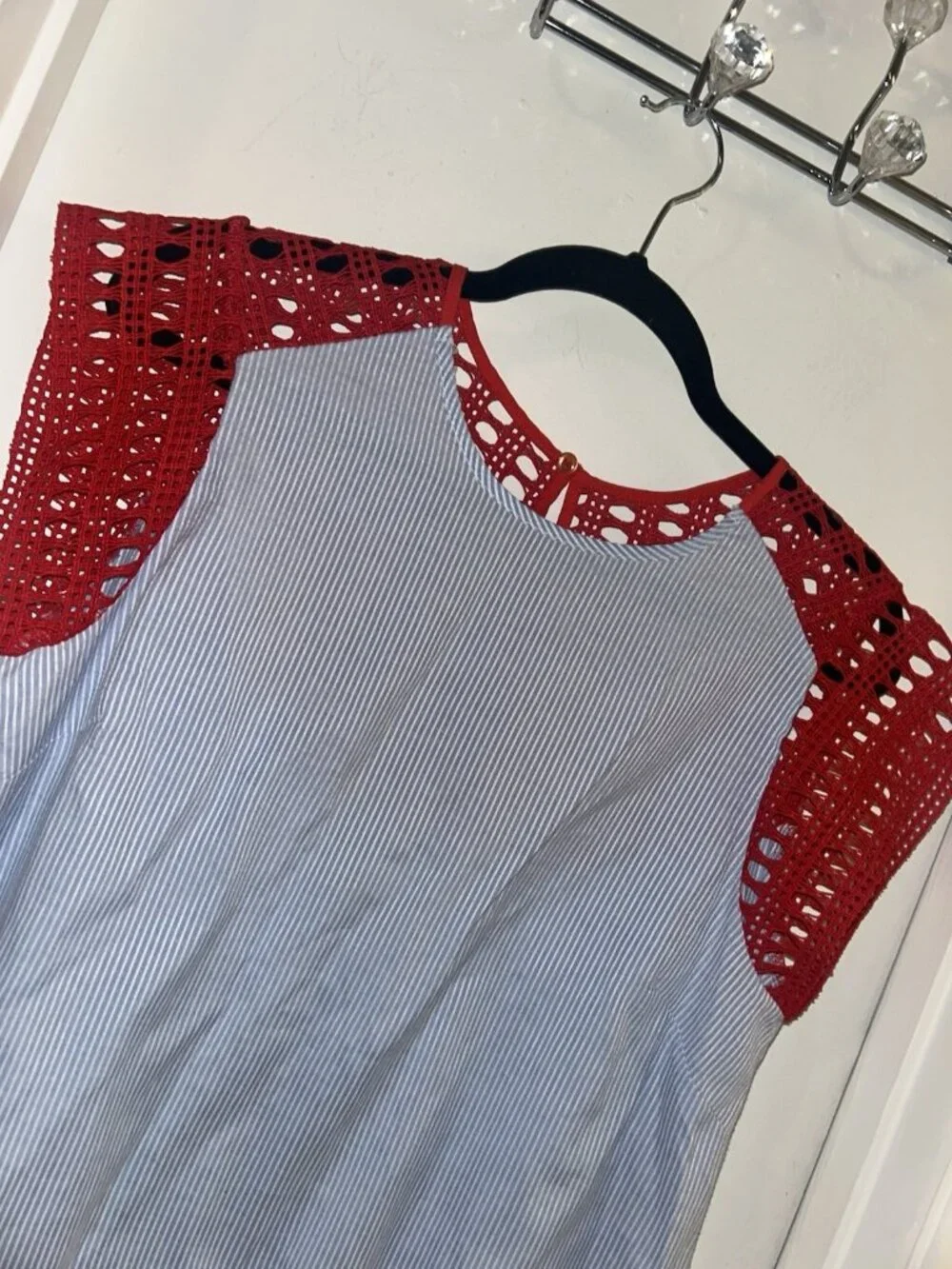 Anthropologie MAEVE Preppy Striped Poplin Crochet Blouse Top Size Medium - Picture 3 of 6